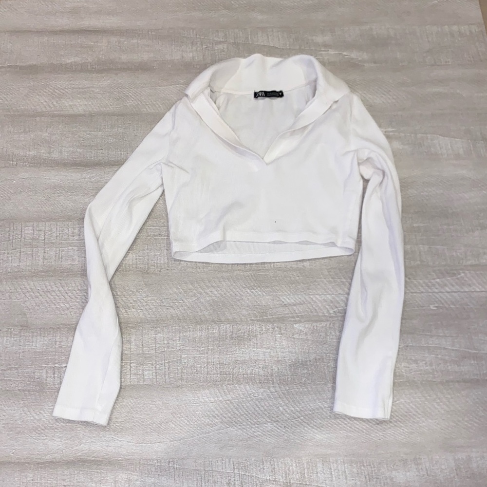 Zara Women's Brown Ribbed Collared V-Neck Long Sleeved Crop Top Size Small